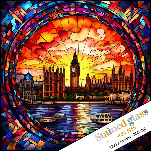 London Stained Glass Design, Big Ben Stained Glass Pattern, Stained Glass PNG, Faux Stained Glass, Sublimation bundle, Travel stained glass