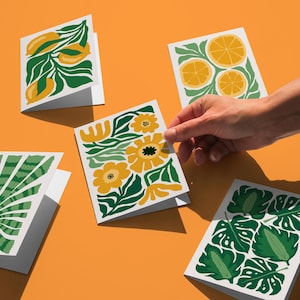 Afdrukbare kaart Summer Vibes citrus, digitale fruitgroet, monsterabladkaart, botanisch kaartenset, plantenliefhebbers cadeau, tropisch kaartpakket