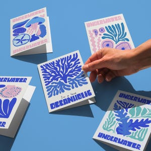 Whimsical Sea Lover Note Cards, Underwater & Coral Printable Bundle, Modern Coastal Card pack, Pack of 5 coastal cards, All Occasion Cards