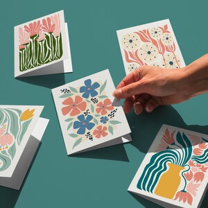 Juego de tarjetas en colores pastel, tarjeta con flores de Matisse, juego de 5 tarjetas de primavera, tarjeta de descarga digital, tarjeta de felicitación imprimible, tarjeta en blanco para cualquier ocasión.