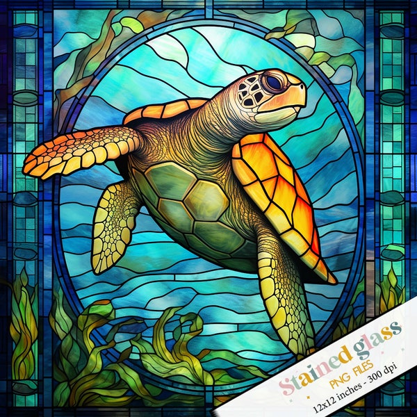 Stained Glass Sea Turtle Sublimation Design, Turtles Stained Glass, Free Stained Glass Bundle, Wall Art Design,Turtle Faux Stained Glass png