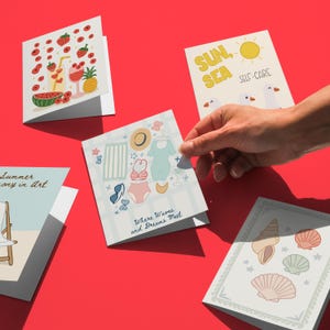 Lot de cartes imprimables Sun Sea Self Care, 5 cartes de vacances à la plage, carte de voeux Summer Vibes, paquet de cartes côtières, jeu de cartes de fruits tropicaux