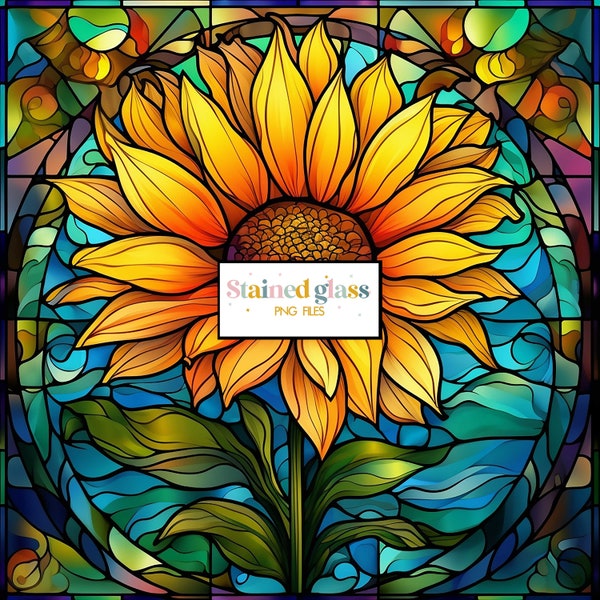 Sunflower Stained Glass Sublimation, Flower Stain Glass Paper, Stained Glass Pattern Bundle, Sunflower Stained Glass PNG, Faux Stained Glass