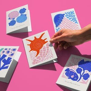 Matisse Style Marine Art Cards, 5 Ocean Life Bundle, Ocean postcards, Whimsical Sea Life Greeting Cards, Instant Download, Blue Coastal Card