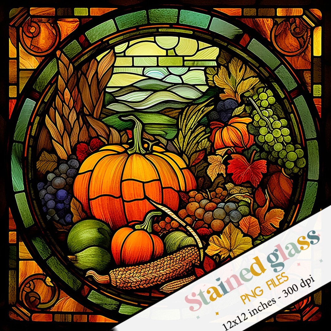 Thanksgiving Stained Glass PNG Pattern, Pumpkin PNG Sublimation
