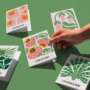 Motiverende wenskaarten, kaartenset met abstracte bloemen, aanmoedigingskaarten, opbeurende woordbriefkaarten, veroveren ontketenen overwinnen kaarten