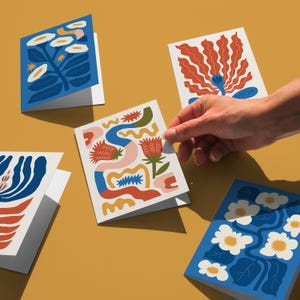 Fleurs modernes et voeux pour femmes, cartes postales Boho Matisse, téléchargement immédiat, cartes florales vierges pour toutes les occasions, 5 cartes aux motifs colorés uniques