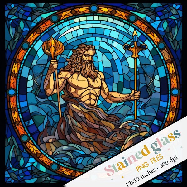 King Neptune Stained glass, Stain Glass Pattern, Instant download, Tumbler wrap, Faux Stained Glass, Stained Glass Paper, Window hangings