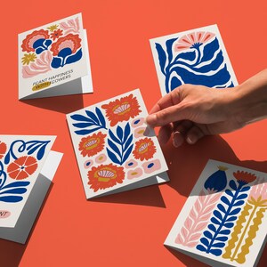 Kaartenset bohobloemen, levendige abstracte printkaarten, 5 moderne digitale wenskaarten, boho-botanische kaarten, direct downloaden, Matisse-stijl