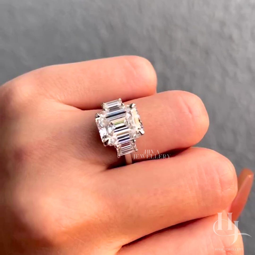 5 CT Emerald Cut Lab Grown Diamond Three Stone Engagement Ring, 14k ...