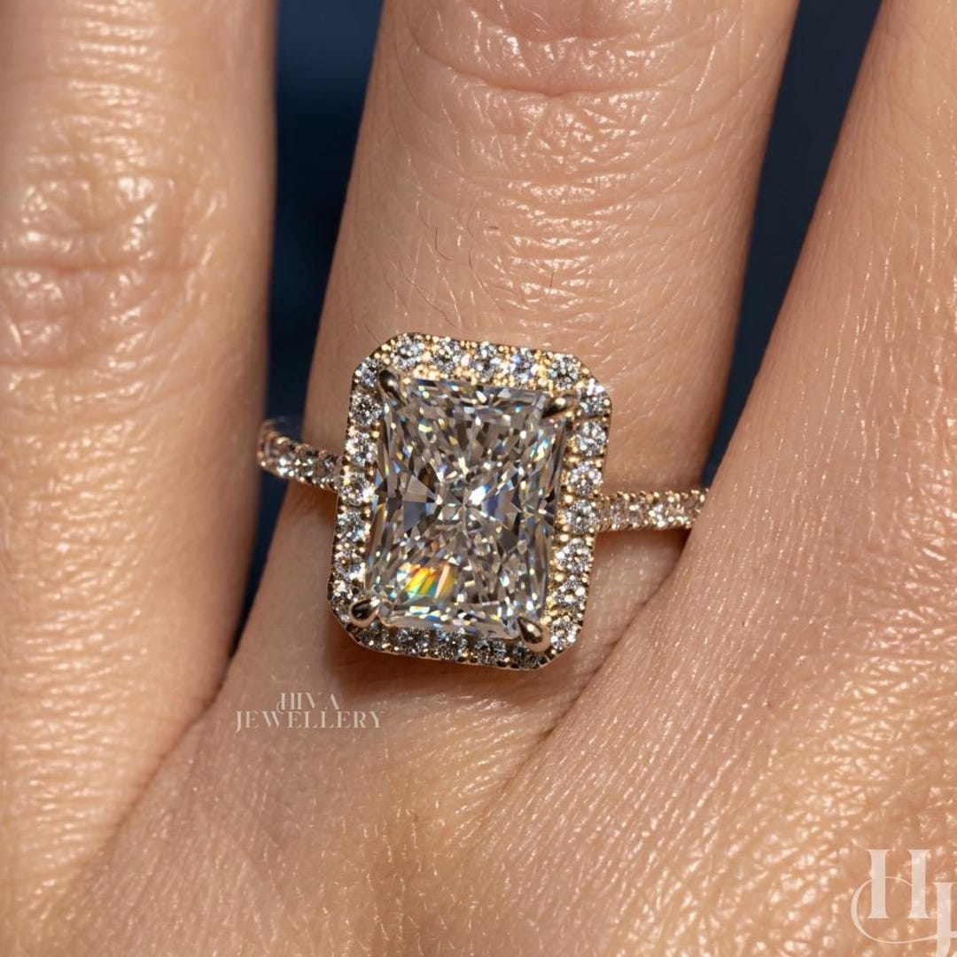 2.5 Carat Radiant Cut Lab Grown Diamond Halo Engagement Ring: 14K Gold ...
