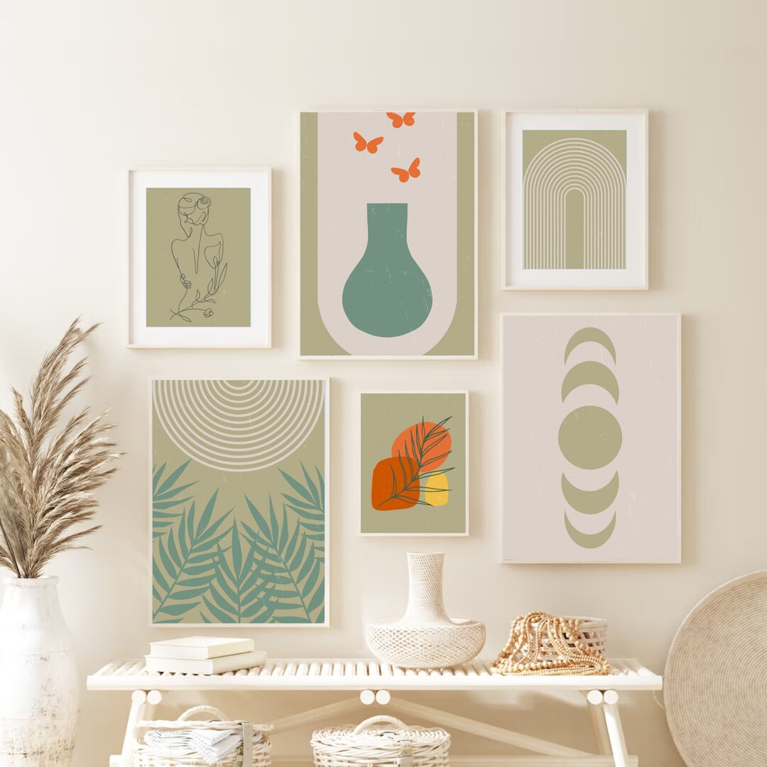 Sage Green Wall Art Set, 6 Pieces Wall Art, Sage Green, Boho Wall Art
