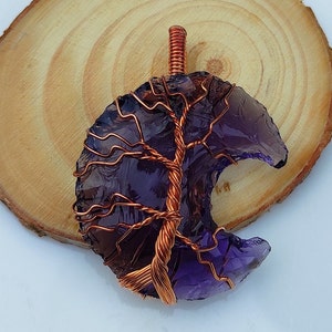 Amethyst Moon Wire Wrapped Pendant- Crystal Carved Moon Gemstone Necklace- Boho Copper Jewelry- Gift for Her.
