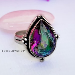 Dainty Mystic Topaz Ring, Silver Minimalist Woman Ring, Rainbow Stone Ring, Pear Mystic Ring, Multicolor Stone Rings,  Rainbow Mystic Topaz.