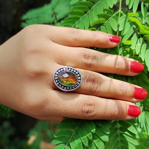 High Quality Ammolite Quartz, Ammolite, Silver 925 Adjustable Ring, Ammolite ring with beautiful bright colours of yellows, orange, green.