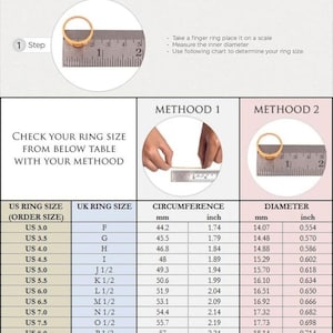 May include: Ring sizing guide with two methods: wrapping a finger with paper or measuring a ring's diameter. Includes a chart converting US ring sizes to UK sizes, circumference in inches and mm, and diameter in inches and mm.