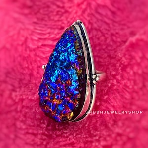 Titanium Druzy ring, statement ring, resin imitation druzy drop ring in silver, blue druzy ring, purple druzy ring, Pear  Druzy Rings, Druzy