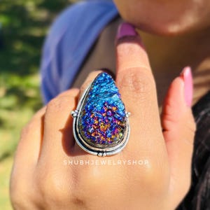 Druzy ring, statement ring, resin imitation druzy drop ring in silver, blue druzy ring, purple druzy ring, Pear Titanium Druzy Rings, Druzy
