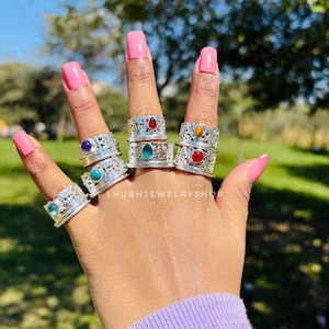 Turquoise spinnerring, sterlingzilveren ring voor vrouwen, meditatie fidgetring, edelsteen, boho zorgenring, aquamarijnring, angstring lot
