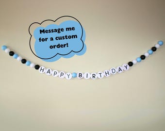 Giant Friendship Bracelet Happy Birthday Banner, Party Garland Supplies Eras Style Oversized Decor, Beaded Jumbo Black Blue White 1989 Theme