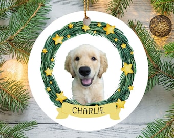 Ornement de chien personnalisé, nom d’animal de compagnie personnalisé, décoration photo de Noël de chat, portrait commémoratif en céramique ronde, cadeau d’amoureux des animaux, nouveau chiot