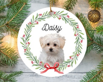 Ornement personnalisé pour animal de compagnie, Nom de chien personnalisé, Décoration photo de Noël avec chat, Portrait commémoratif rond en céramique, Cadeau pour amoureux des animaux, Nouveau chiot