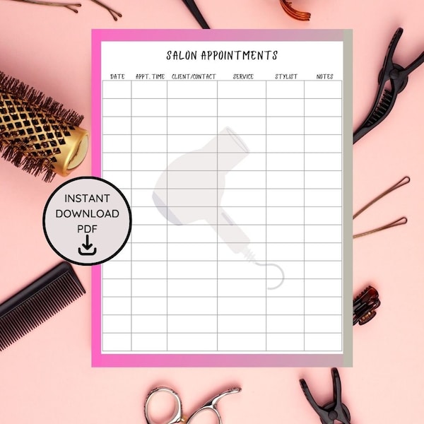 Editable Salon Appointment Log | Hairdressing Appointment Book | Small Business Template | Appointment Printable PDF | Hairdresser Printable