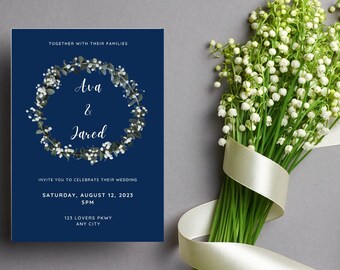 Wedding Invitation Template, Navy Blue with Wreath, Instant Digital Download, Customizable, 5"x7"