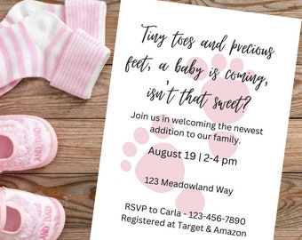 Pink Baby Footprints Shower Invitation - Editable Digital Template Invite 5" x 7" - Customizable Baby Invite - Printable Invitation