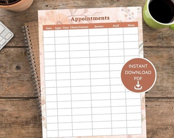 General Floral Appointment Log, Editable Appointment Scheduler, Business Template, Appointment Printable PDF, Business Startup Printable