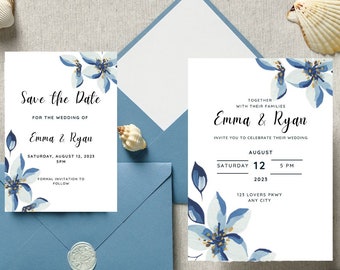 Blue Floral Wedding Invitation and Save the Date Templates Duo Bundle, Instant Digital Download, Customizable, Printable Wedding