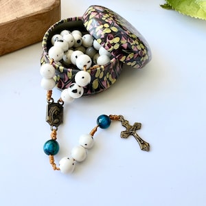 Slide Style Dalmatian Jade and Blue Tiger Eye, Black and White, Bronze Crucifix Rosary with Case 15a