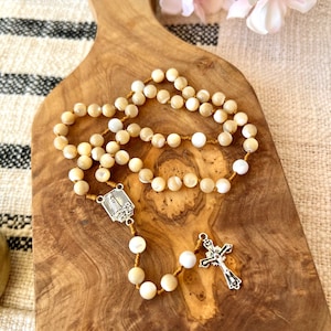 Knotted Style Natural Mother of Pearl and  Cord Rosary with Brass Case! Catholic Wedding Gift, Girl’s First Communion, Confirmation. 21a