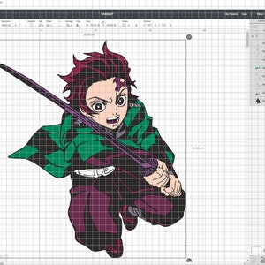 K&ouml;nnte beinhalten: Eine digitale Illustration eines Charakters aus dem Anime Demon Slayer. Der Charakter ist ein junger Mann mit roten Haaren, gr&uuml;ner und violetter Kleidung und einem Schwert. Er befindet sich in einer Kampfpose.