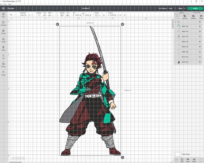 K&ouml;nnte beinhalten: Eine digitale Illustration eines Charakters aus dem Anime Demon Slayer. Der Charakter ist ein junger Mann mit roten Haaren und einem gr&uuml;n-schwarzen gemusterten Mantel. Er h&auml;lt ein Schwert in seiner rechten Hand und hat einen entschlossenen Ausdruck im Gesicht.
