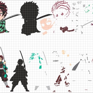 K&ouml;nnte beinhalten: Eine digitale Illustration einer Figur aus dem Anime Demon Slayer. Die Figur ist ein junger Mann mit schwarzen Haaren, roten Augen und einem gr&uuml;n-schwarzen gemusterten Haori. Er h&auml;lt zwei Schwerter in seinen H&auml;nden. Der Hintergrund ist ein Gittermuster.