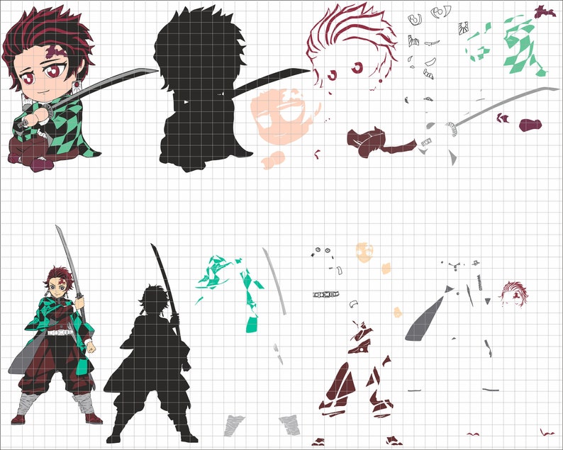 K&ouml;nnte beinhalten: Eine digitale Illustration einer Figur aus dem Anime Demon Slayer. Die Figur ist ein junger Mann mit schwarzen Haaren, roten Augen und einem gr&uuml;n-schwarzen gemusterten Haori. Er h&auml;lt zwei Schwerter in seinen H&auml;nden. Der Hintergrund ist ein Gittermuster.