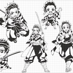 K&ouml;nnte beinhalten: Schwarz-wei&szlig;-Linienkunst-Illustration von vier Anime-Charakteren. Die Charaktere tragen alle &auml;hnliche Outfits mit einem karierten Muster. Die Charaktere halten Schwerter und sind in verschiedenen Posen.