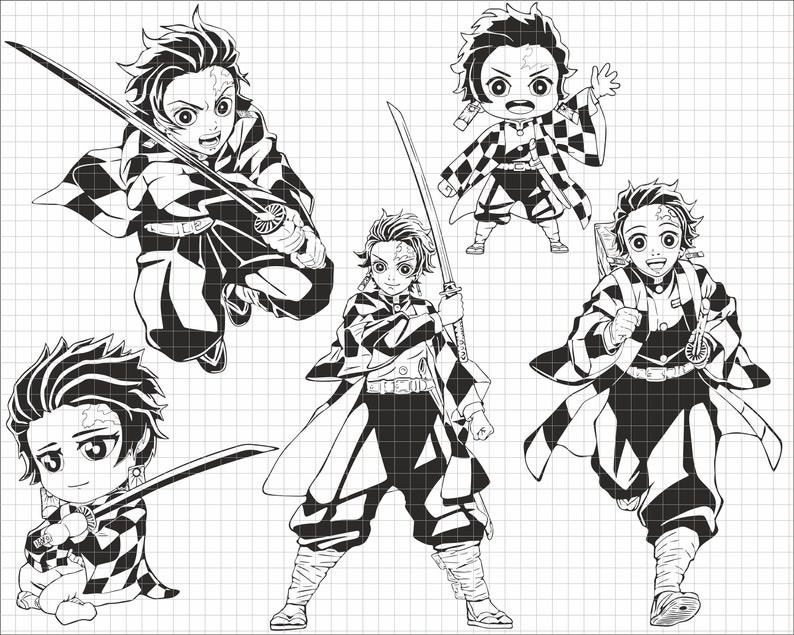 K&ouml;nnte beinhalten: Schwarz-wei&szlig;-Linienkunst-Illustration von vier Anime-Charakteren. Die Charaktere tragen alle &auml;hnliche Outfits mit einem karierten Muster. Die Charaktere halten Schwerter und sind in verschiedenen Posen.
