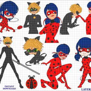 Può includere: Una collezione di illustrazioni di cartoni animati con personaggi in abiti rossi e neri con caratteristiche da coccinella e gatto. I personaggi hanno capelli blu e biondi e alcuni tengono accessori. Il testo include "EASY CUTTING ENGRAVING PRINTING", "INSTANT DOWNLOAD" e "LAYERED".