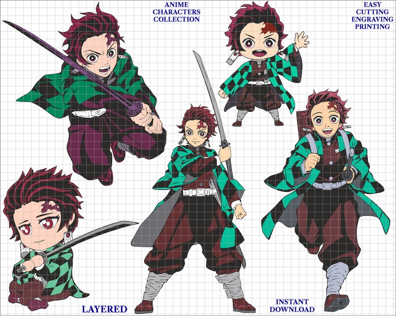 K&ouml;nnte beinhalten: Vier digitale Illustrationen eines Charakters aus dem Anime Demon Slayer. Der Charakter tr&auml;gt ein gr&uuml;n-schwarzes Karomuster mit roten Akzenten. Der Charakter hat rote Haare und h&auml;lt ein Schwert. Der Text "Anime Characters Collection" und "Easy Cutting Engraving Printing" befindet sich oben im Bild. Der Text "Layered" befindet sich unten links im Bild. Der Text "Instant Download" befindet sich unten rechts im Bild.