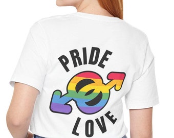 Op de afbeelding: Wit gecropped T-shirt met een regenboog pride-symbool en de tekst "PRIDE LOVE" op de achterkant.