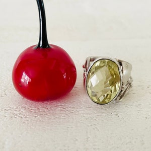 Artisan Chunky Lemon Quartz Sterling Silver Ring |  | Size 7/8 | Large Oval Yellow Gemstone | Heart Motif | Statement Jewelry for Women