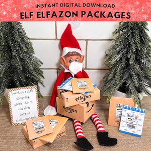 Wydrukowane miniaturowe opakowania i koperty Elfazon: Rozmiar A4 i rozmiar US Letter, natychmiastowe pobranie cyfrowe, świąteczny elf