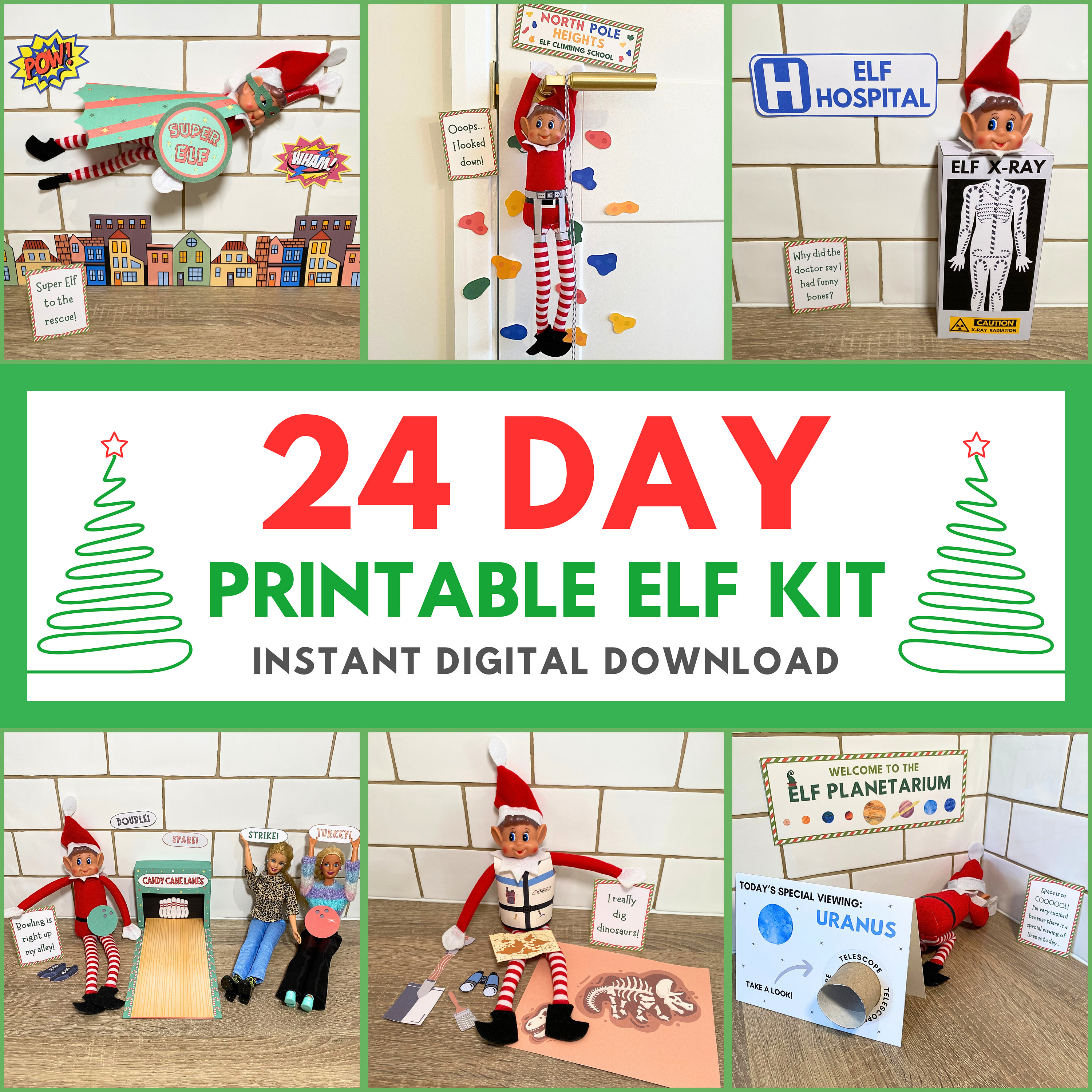 Kit de elfo para impressão, pacote de 24 dias, 24 cenas de elfo de Natal, kit de adereços de elfo para download, acessórios de elfo, atividades de elfo, download digital em PDF