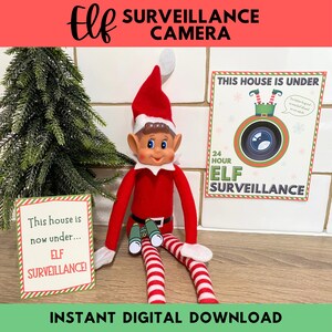 印刷可能なエルフ監視カメラセット、クリスマスエルフカメラPDF、この家はエルフ監視標識の下にある、エルフカメラ、即時デジタルダウンロード