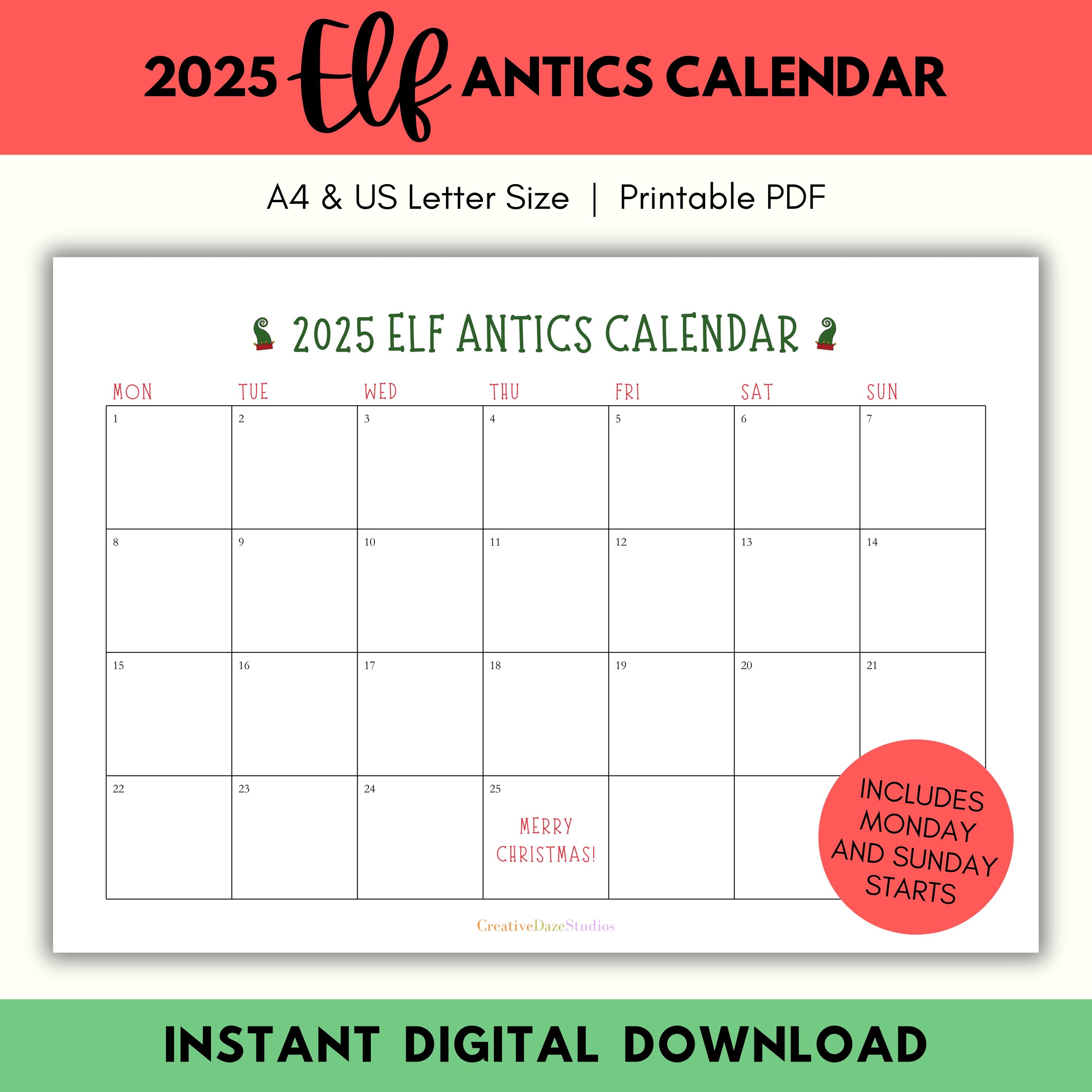 printable 2025 elf planning calendar, december 2025 elf planner