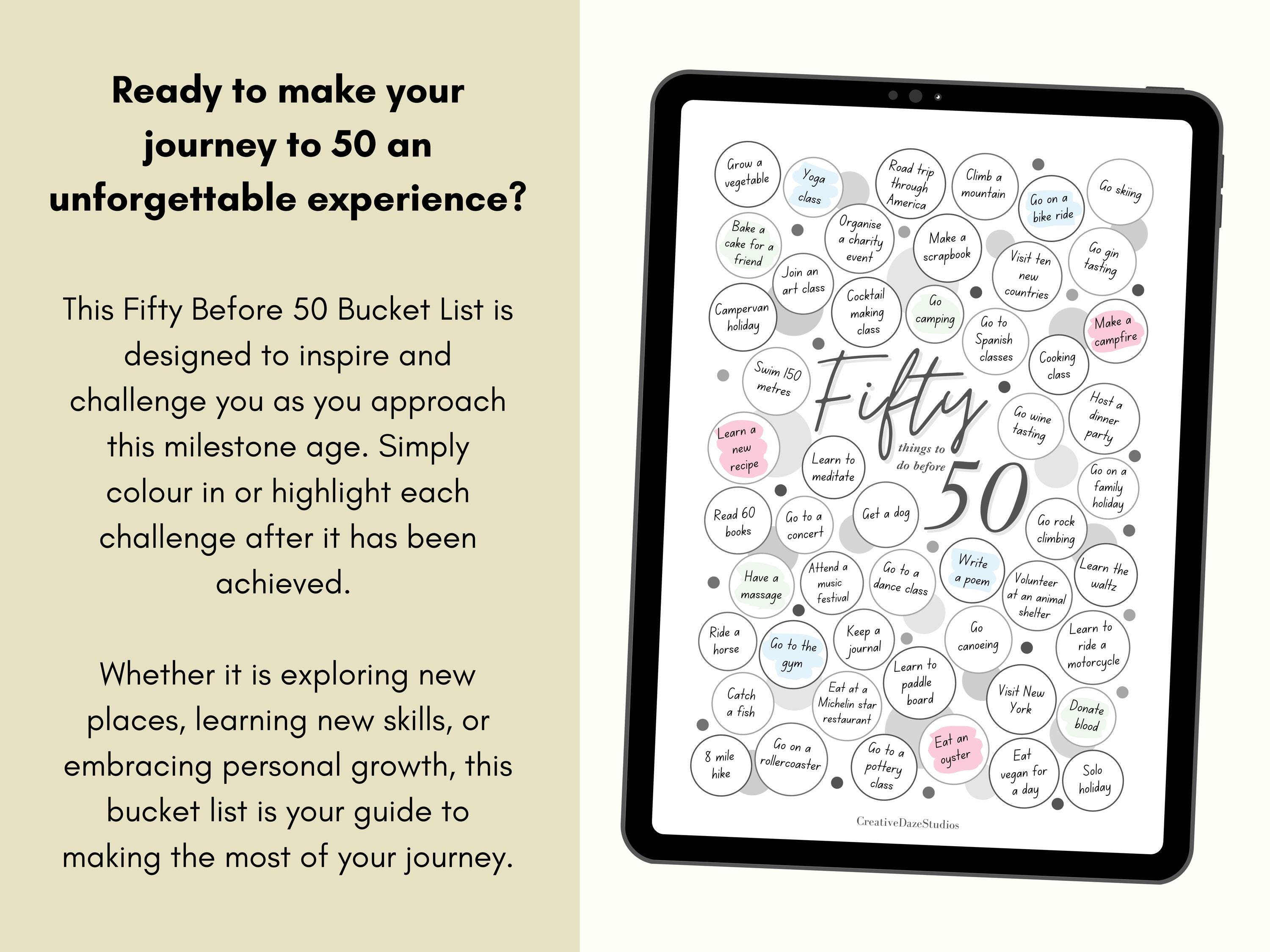 Fifty Before 50 Bucket List, Printable PDF, 50 Before 50 List, 40s ...