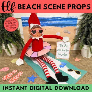 Accessori da spiaggia per elfi stampabili, scena di mare con elfi di Natale, accessori da spiaggia per elfi, idee divertenti per elfi di Natale, download digitale istantaneo PDF scena elfo