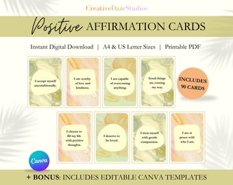 Positive Affirmation Cards Printable, Daily Mindfulness Cards, Positive Quotes, Editable Affirmation Cards, Digital Download PDF, I Am Cards